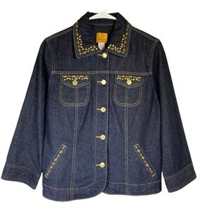 Ruby Rd women's size 12 Petite dark wash denim jean jacket metal beading accent